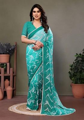 Turquoise Blue Printed Georgette Saree Set