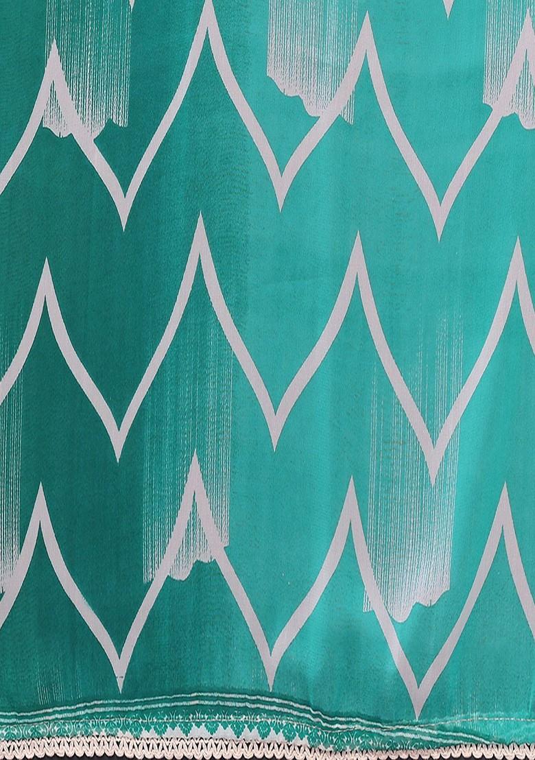 Turquoise Blue Printed Georgette Saree Set