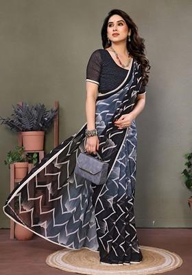 Grey Printed Georgette Saree Set