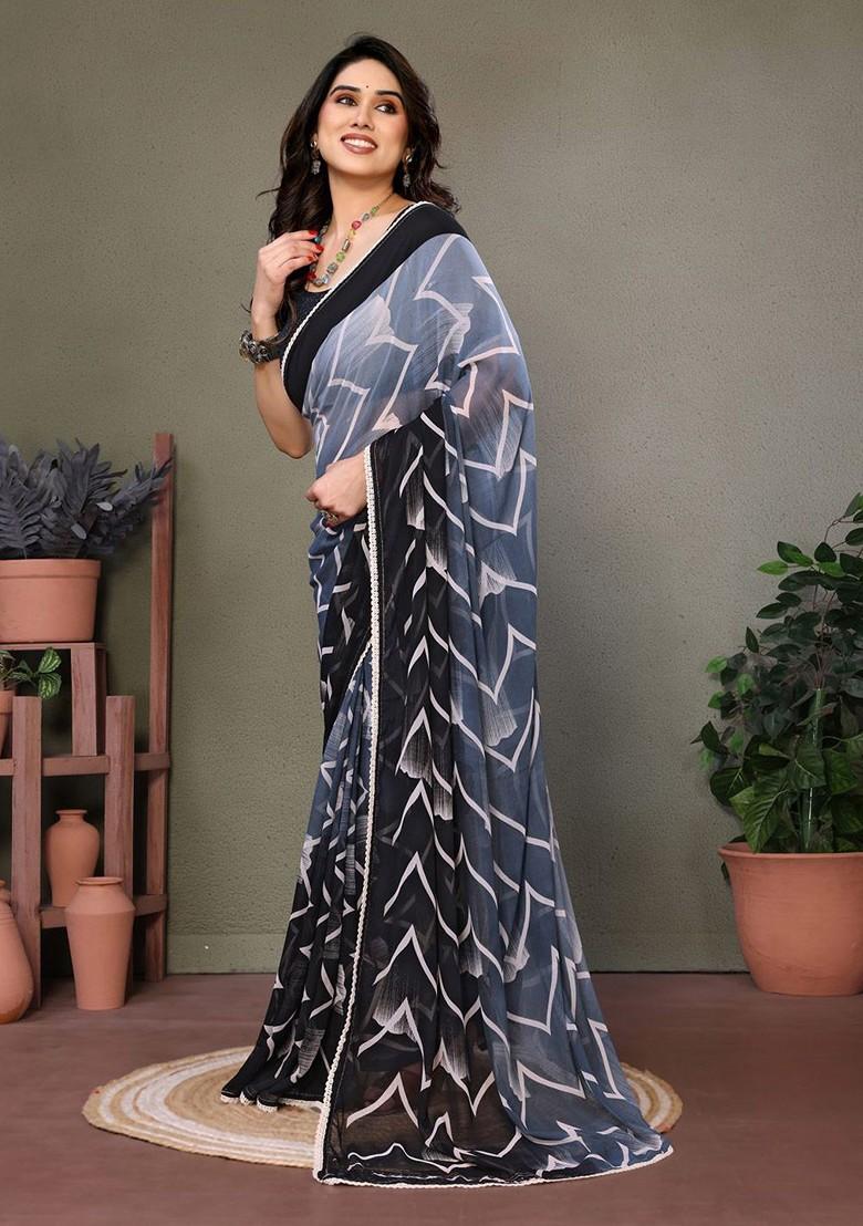 Grey Printed Georgette Saree Set