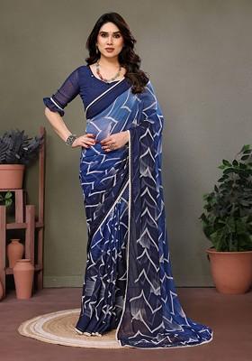 Navy Blue Printed Georgette Saree Set