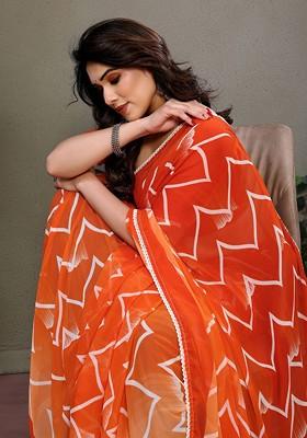 Orange Printed Georgette Saree Set