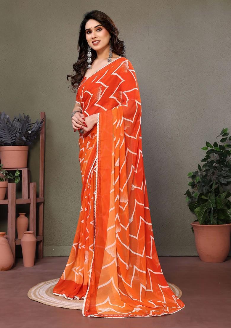 Orange Printed Georgette Saree Set