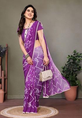Purple Printed Georgette Saree Set