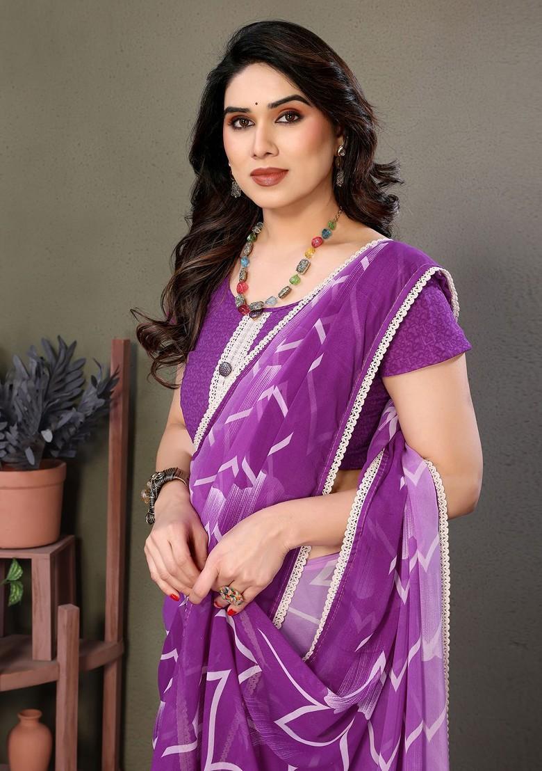Purple Printed Georgette Saree Set