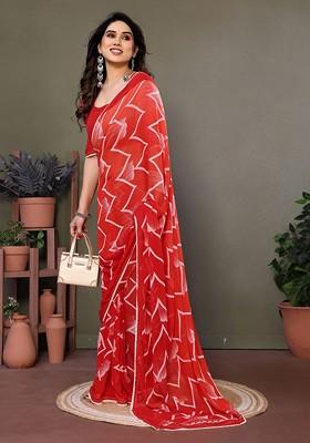 Red Printed Georgette Saree Set