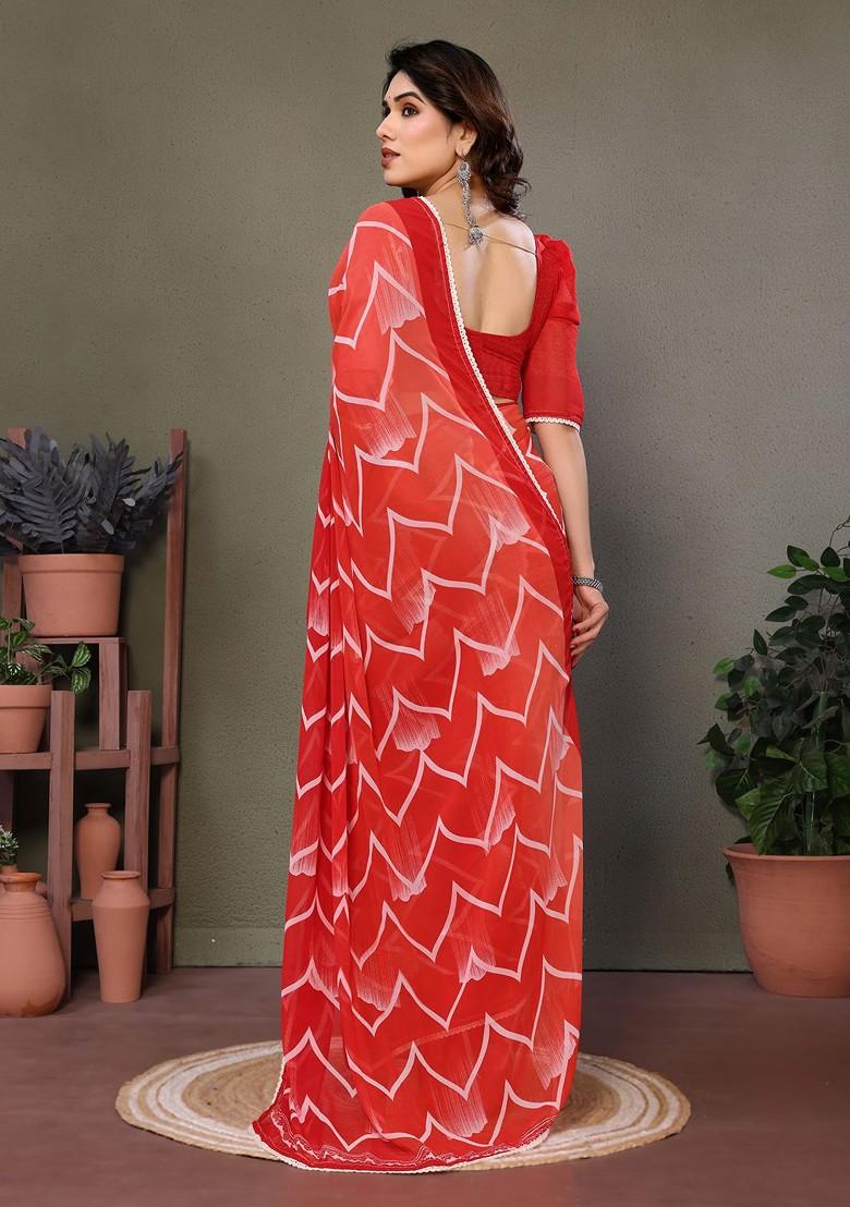 Red Printed Georgette Saree Set