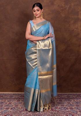 Turquoise Blue Woven Tissue Saree Set