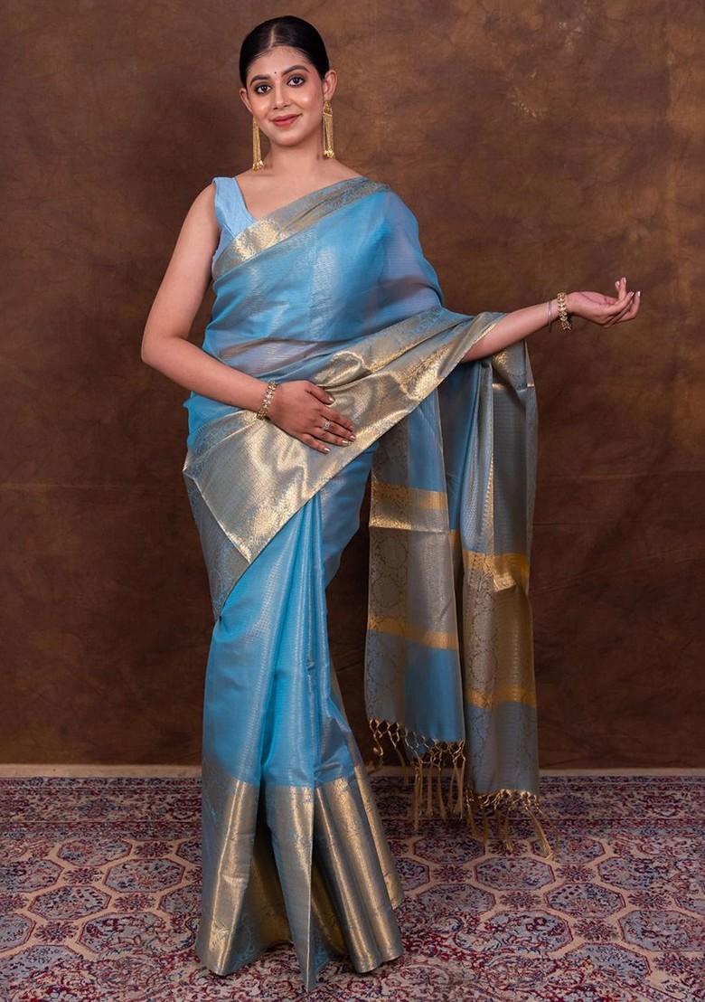 Turquoise Blue Woven Tissue Saree Set