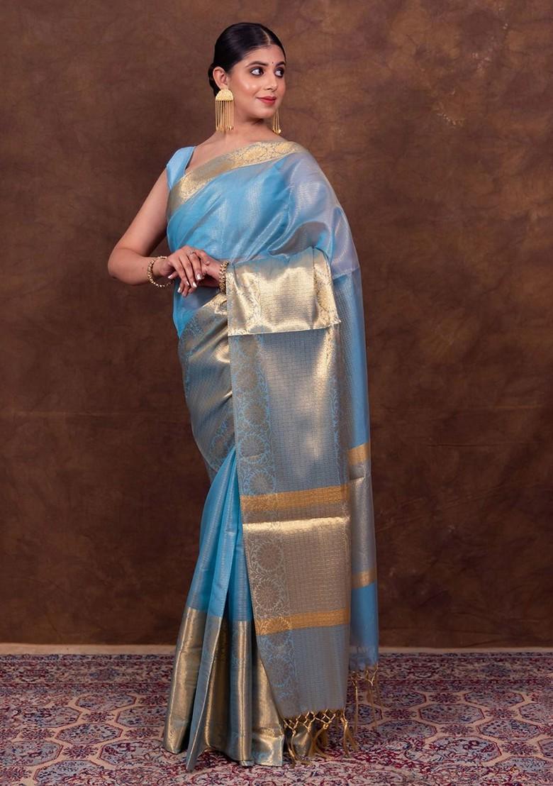 Turquoise Blue Woven Tissue Saree Set