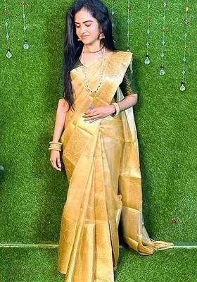 Beige Zari Tissue Saree Set