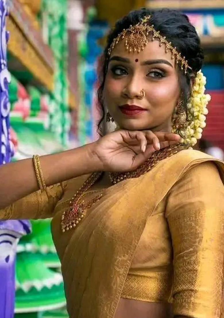 Beige Zari Tissue Saree Set