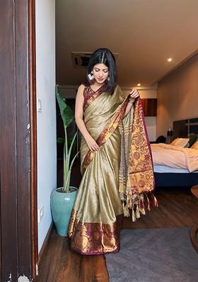 Beige Woven Poly Blend Saree Set
