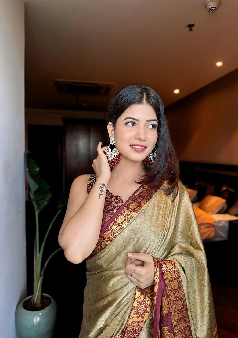 Beige Woven Poly Blend Saree Set