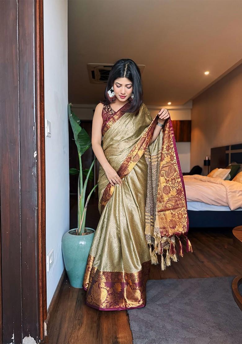 Beige Woven Poly Blend Saree Set