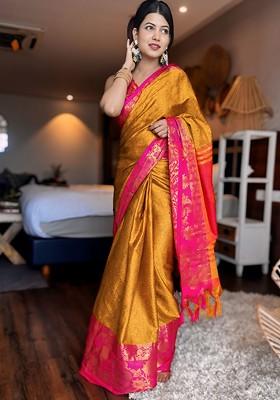 Mustard Woven Poly Blend Saree Set