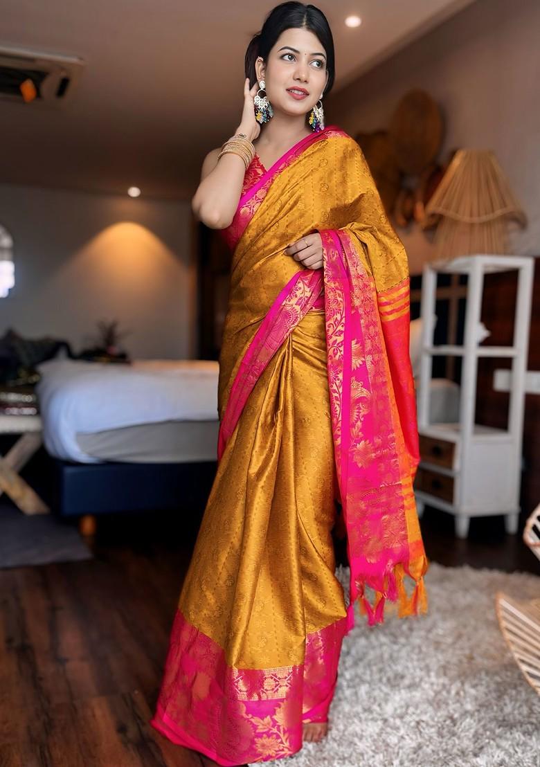 Mustard Woven Poly Blend Saree Set