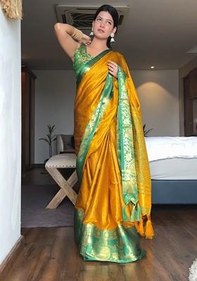 Gold Woven Poly Blend Saree Set