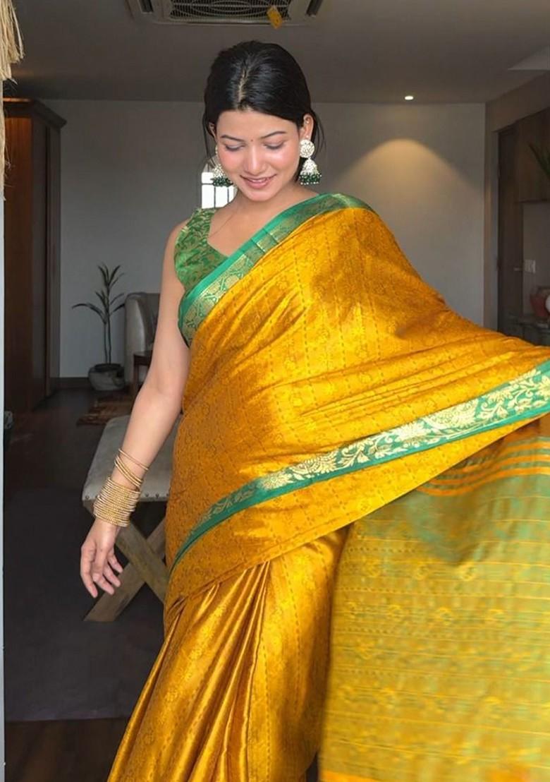 Gold Woven Poly Blend Saree Set