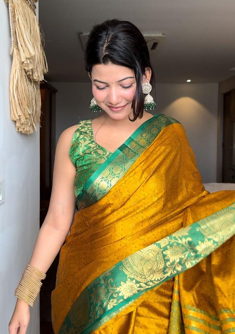 Gold Woven Poly Blend Saree Set