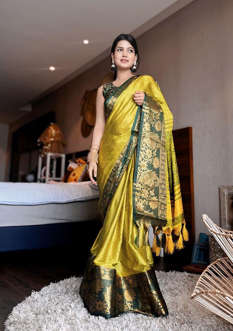 Lime Green Woven Poly Blend Saree Set
