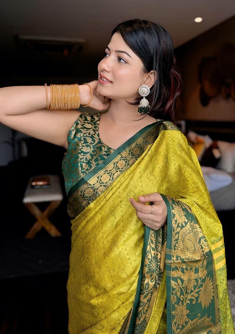 Lime Green Woven Poly Blend Saree Set