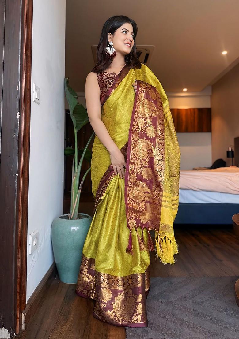 Lime Green Woven Poly Blend Saree Set