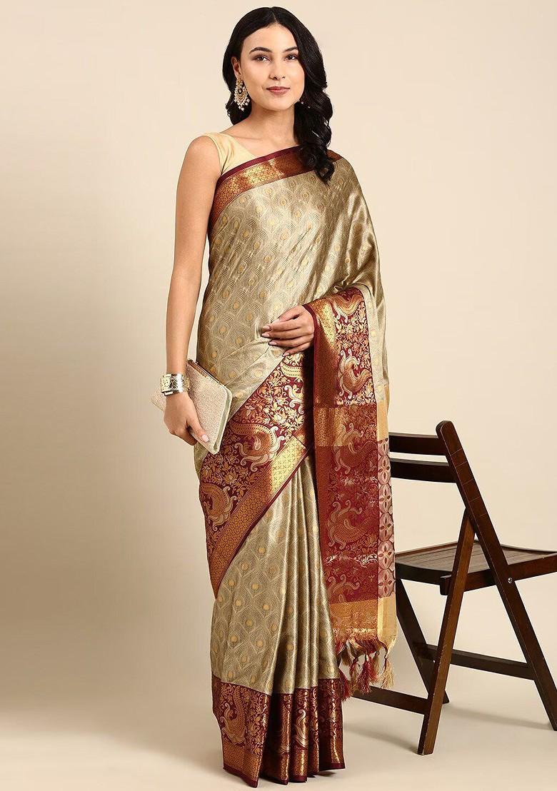 Beige Woven Cotton Saree Set