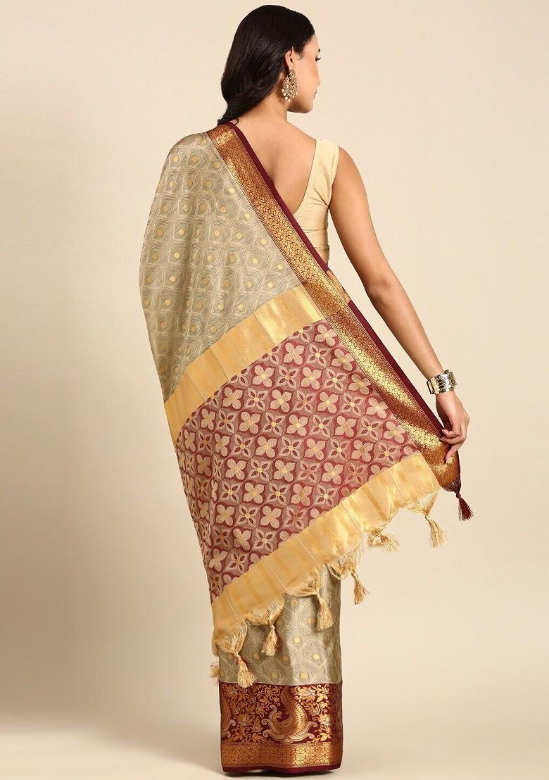 Beige Woven Cotton Saree Set