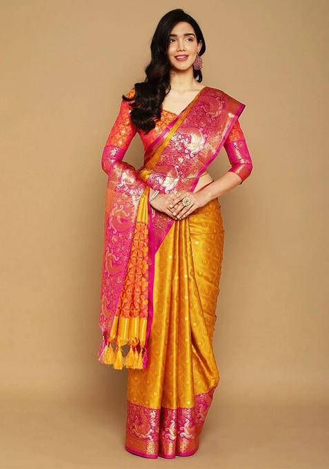 Gold Woven Cotton Saree Set