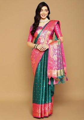Green Woven Cotton Saree Set