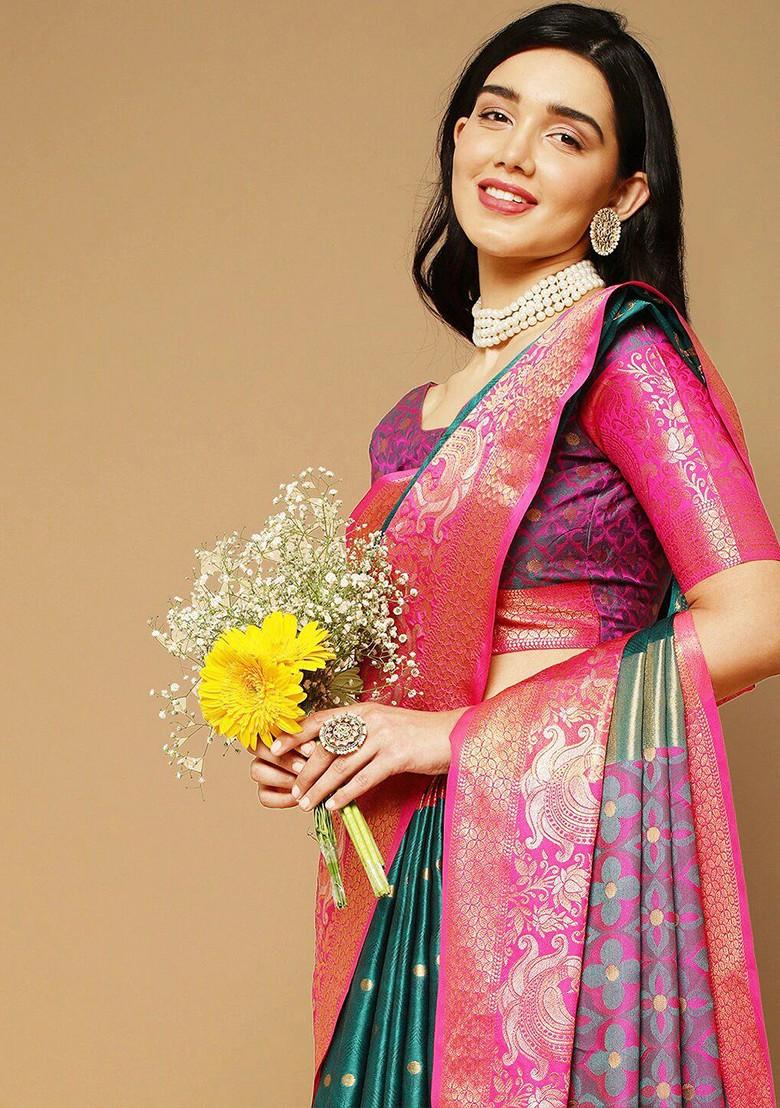 Green Woven Cotton Saree Set