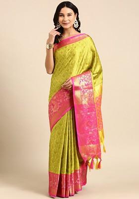 Lime Green Woven Cotton Saree Set