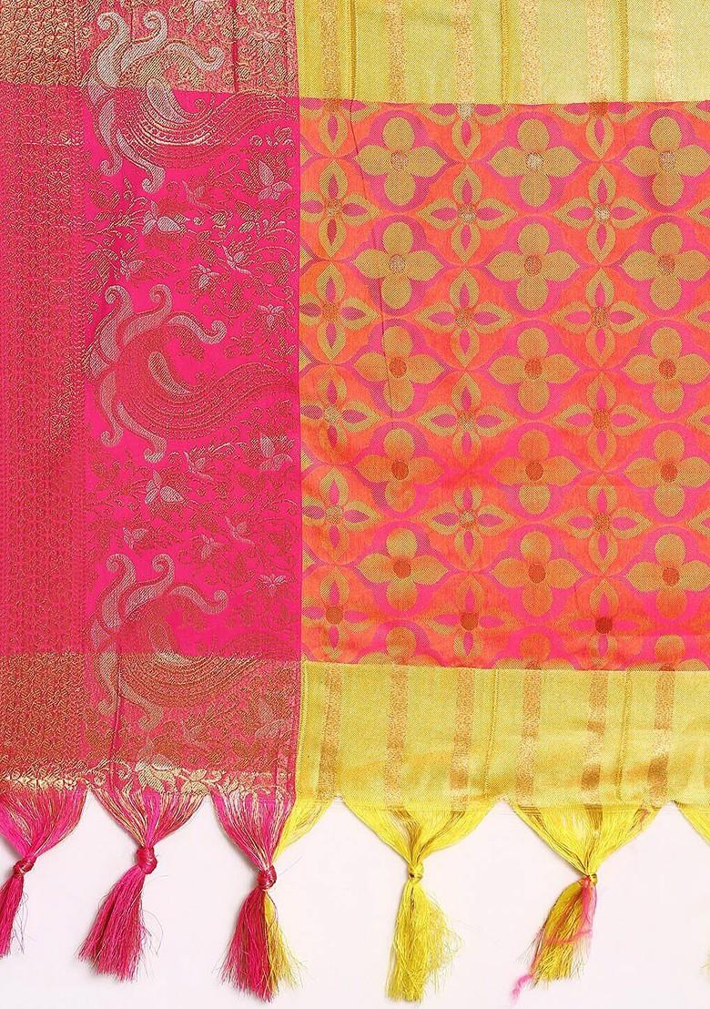 Lime Green Woven Cotton Saree Set