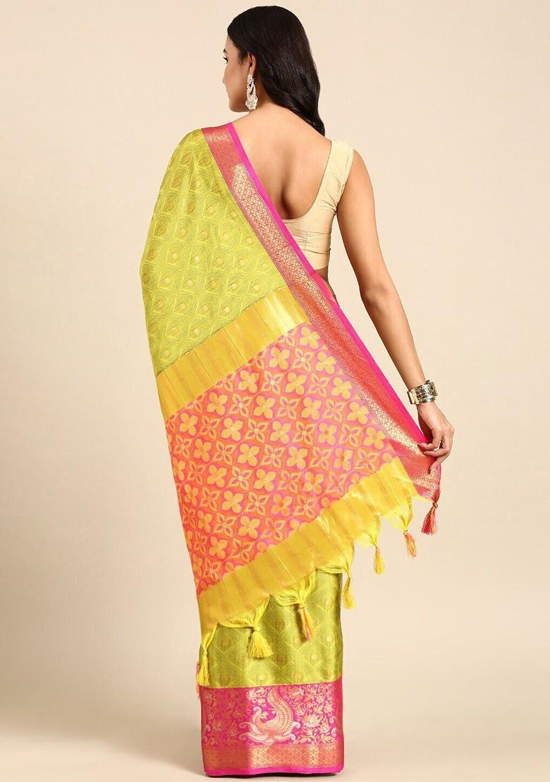 Lime Green Woven Cotton Saree Set