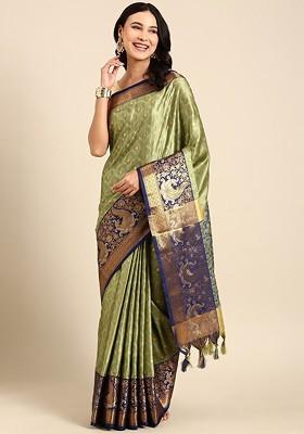 Olive Woven Cotton Saree Set