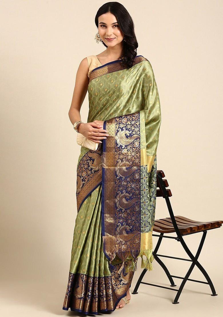 Olive Woven Cotton Saree Set