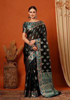 Black Embellished Silk Saree Set