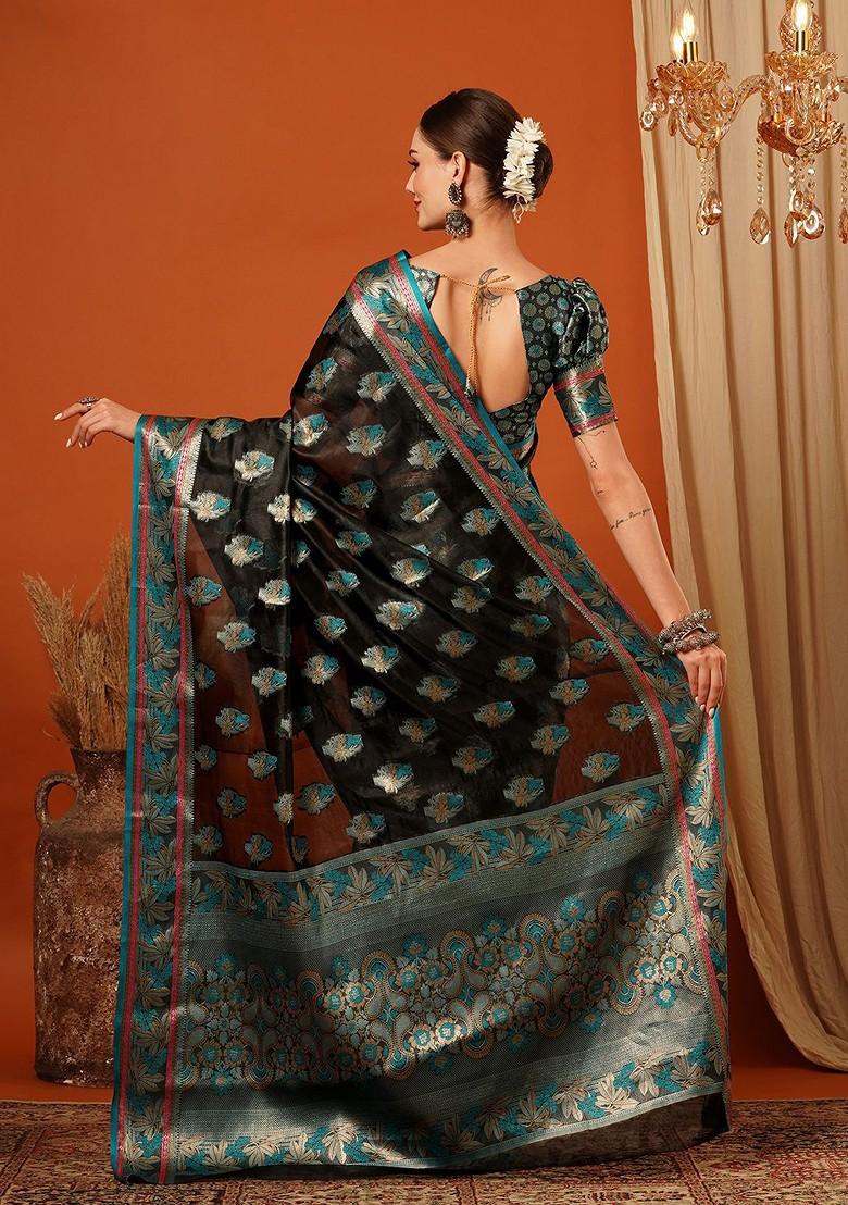 Black Embellished Silk Saree Set