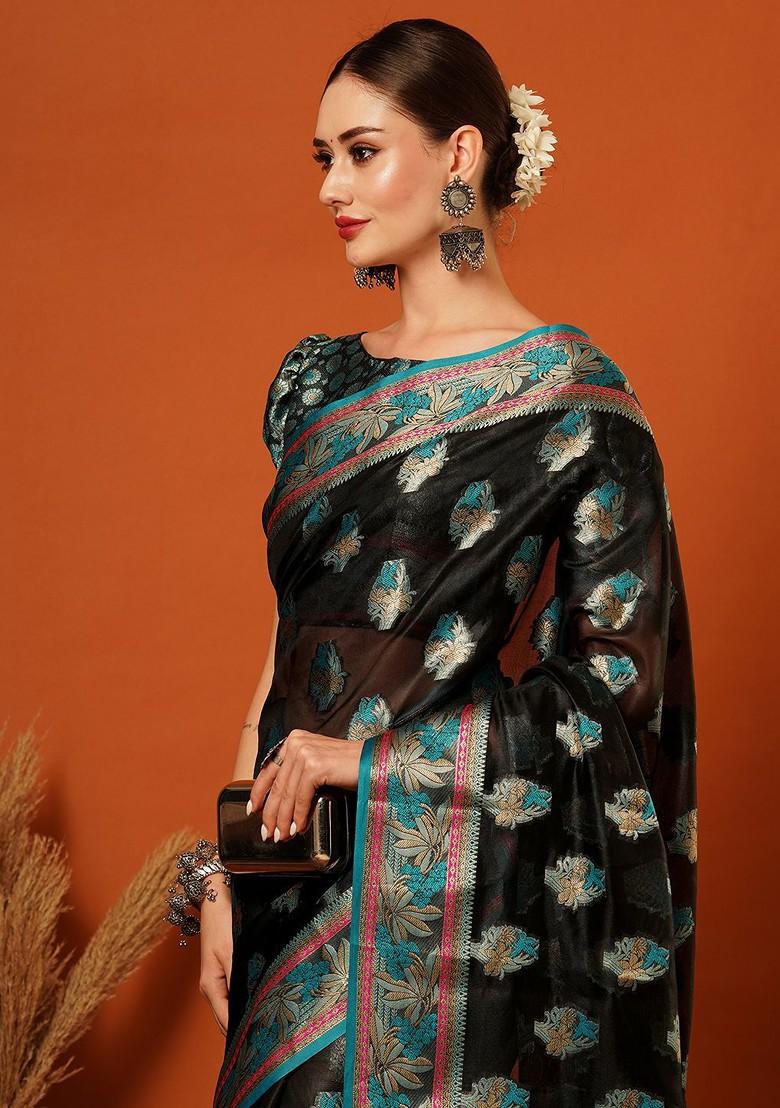 Black Embellished Silk Saree Set