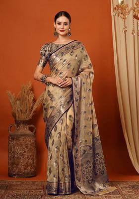 Brown Zari Silk Saree Set