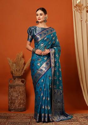 Turquoise Blue Woven Silk Saree Set