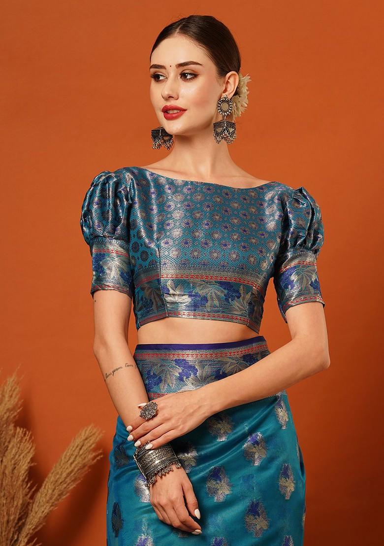 Turquoise Blue Woven Silk Saree Set