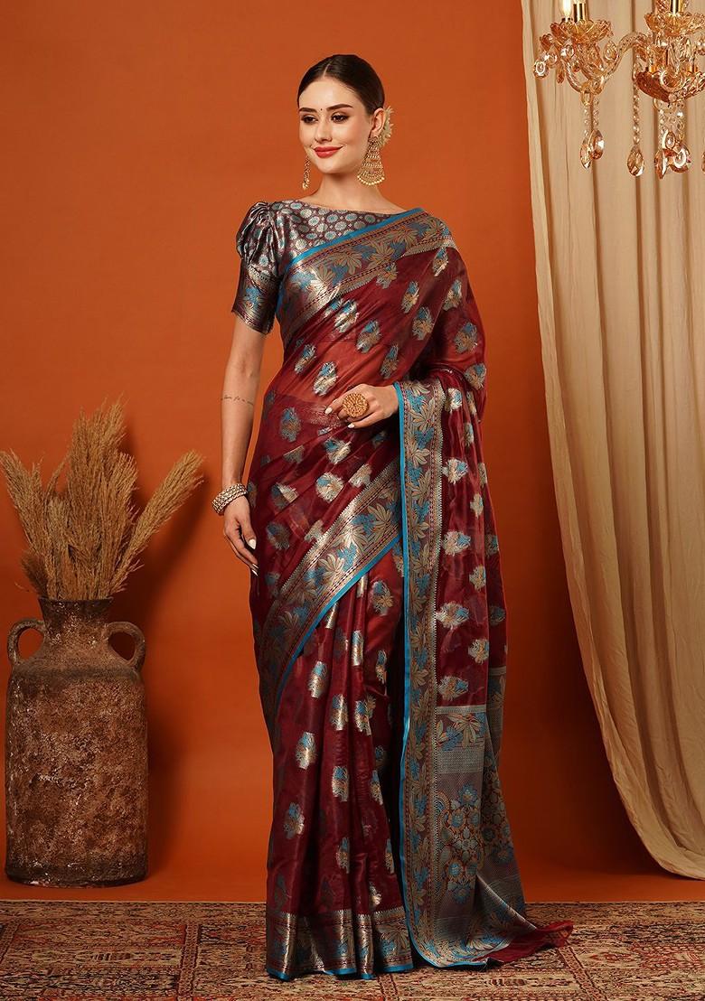 Maroon Woven Silk Saree Set