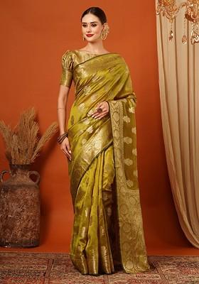 Yellow Woven Silk Saree Set