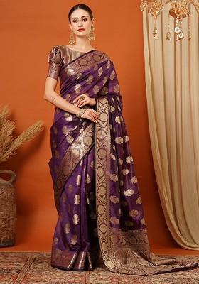 Purple Woven Silk Saree Set