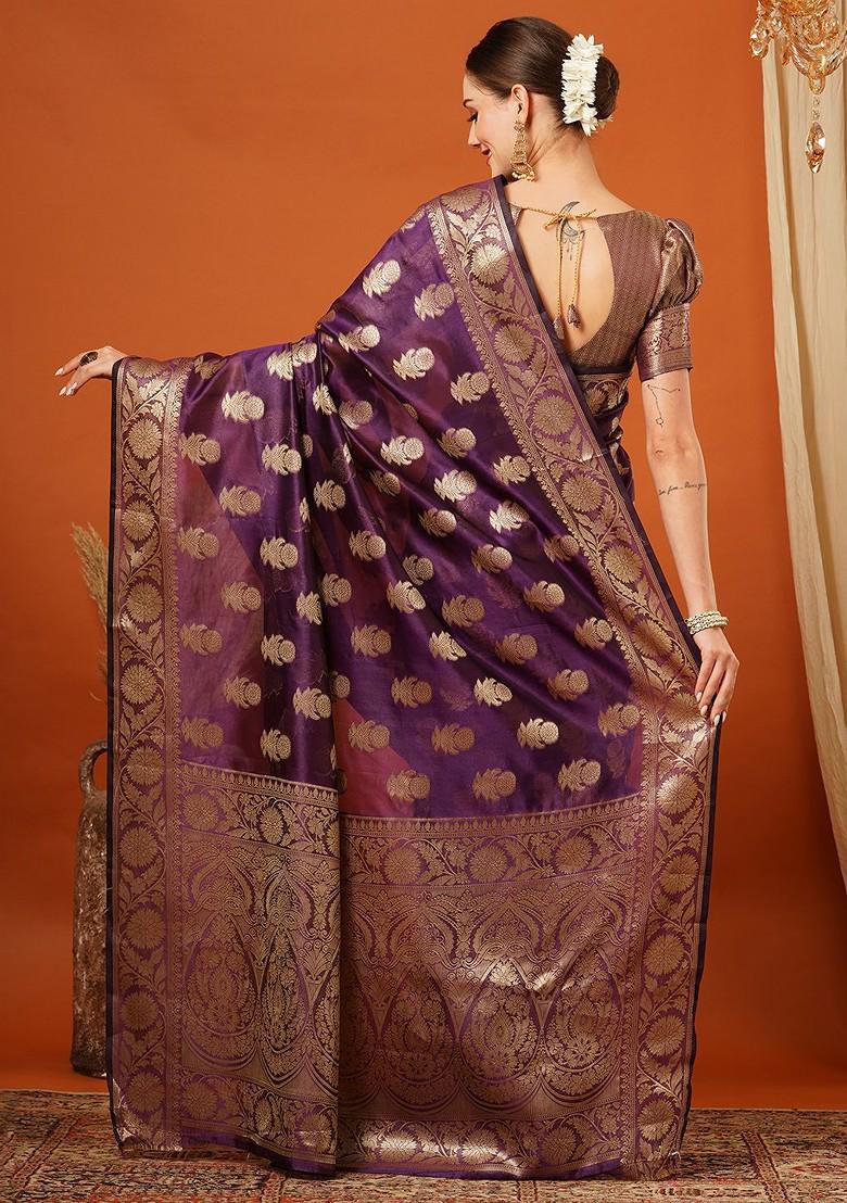 Purple Woven Silk Saree Set