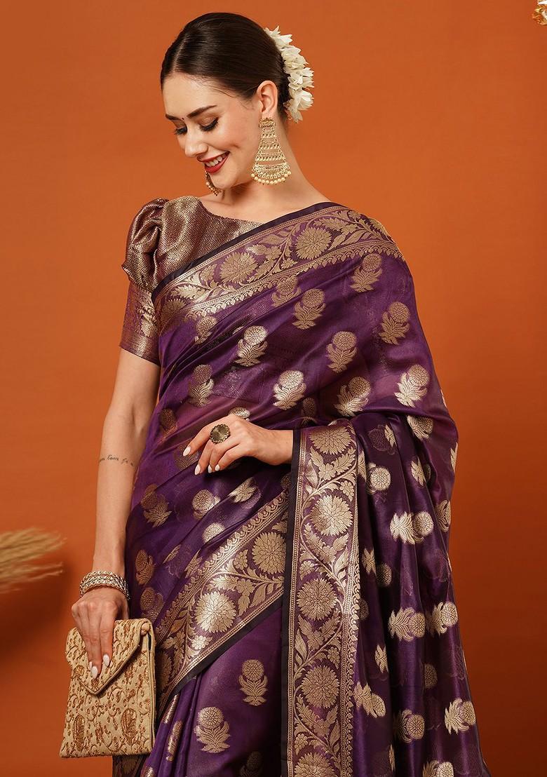 Purple Woven Silk Saree Set