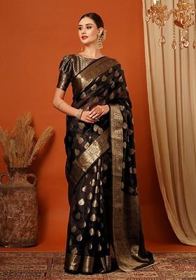 Brown Woven Silk Saree Set