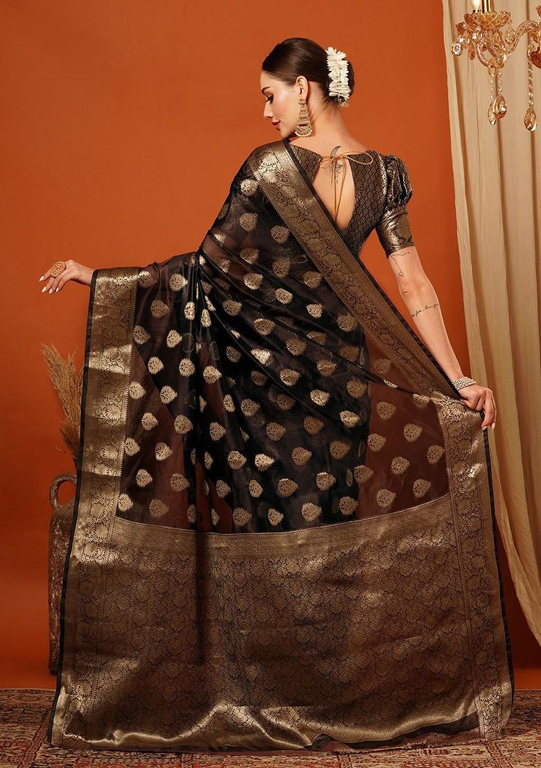 Brown Woven Silk Saree Set